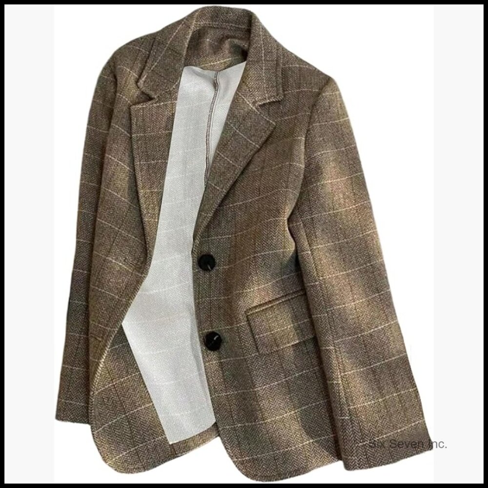 Polyester Blend Plaid Blazer Jacket Double-Breast… - image 1